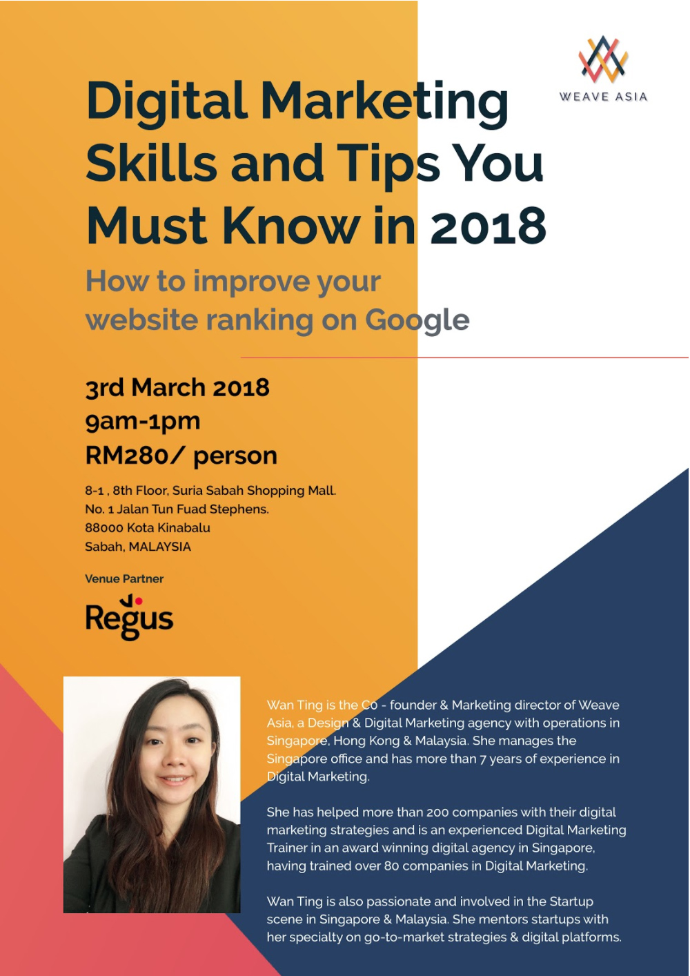 Event poster for 'Digital Marketing Skills and Tips You Must Know in 2018' featuring speaker Wan Ting.