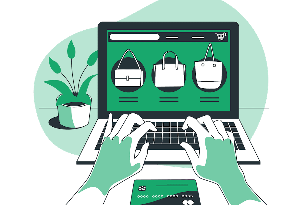cartoon of hand typing on keyword. The screen shows an ecommerce site with three bags
