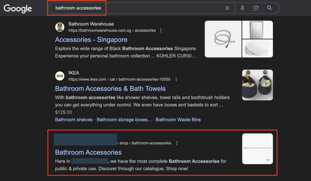 Keyword - Bathroom Accessories rank in the 1st page on Google