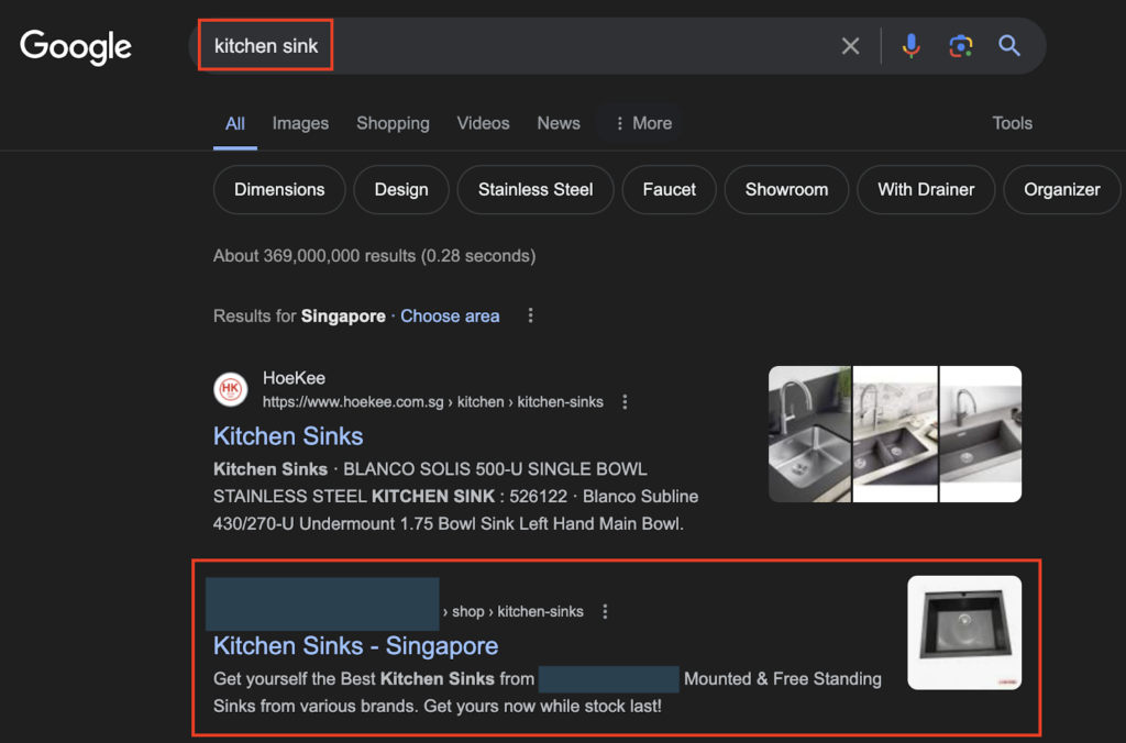 Kitchen Sink Keyword ranking in the 1st page on Google
