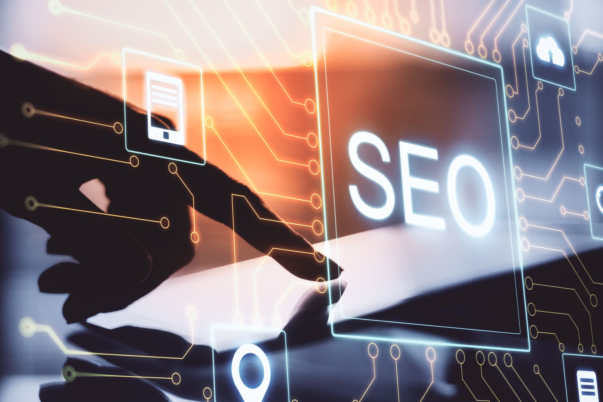 Hands touching tech with SEO theme